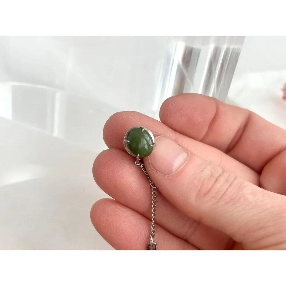 Faux Jade Stone Silver Toned Vintage Men's Tie Tack